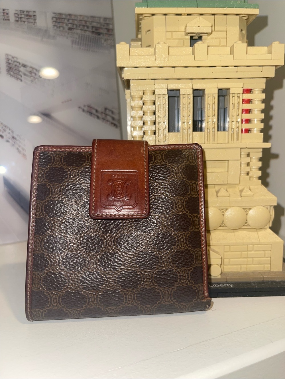 Vintage Celine Macadam Triomphe Monogram Canvas Wallet Brown Leather Trim